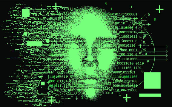 Abstract technology background with binary code and 3d face mask. Conceptual illustration of Artificial intelligence.