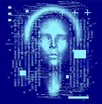 Abstract technology background with binary code and 3d face mask. Conceptual illustration of Artificial intelligence.