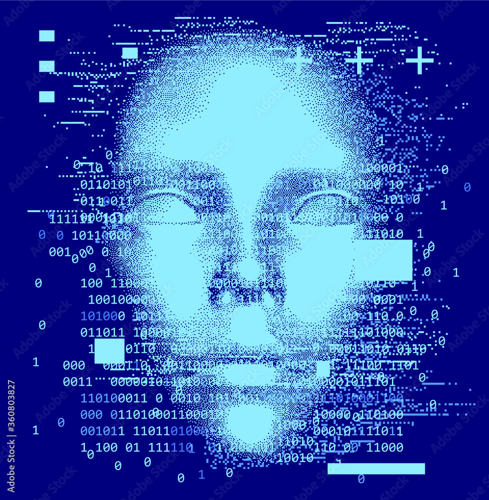 Poster Abstract technology background with binary code and 3d face mask. Conceptual illustration of Artificial intelligence.