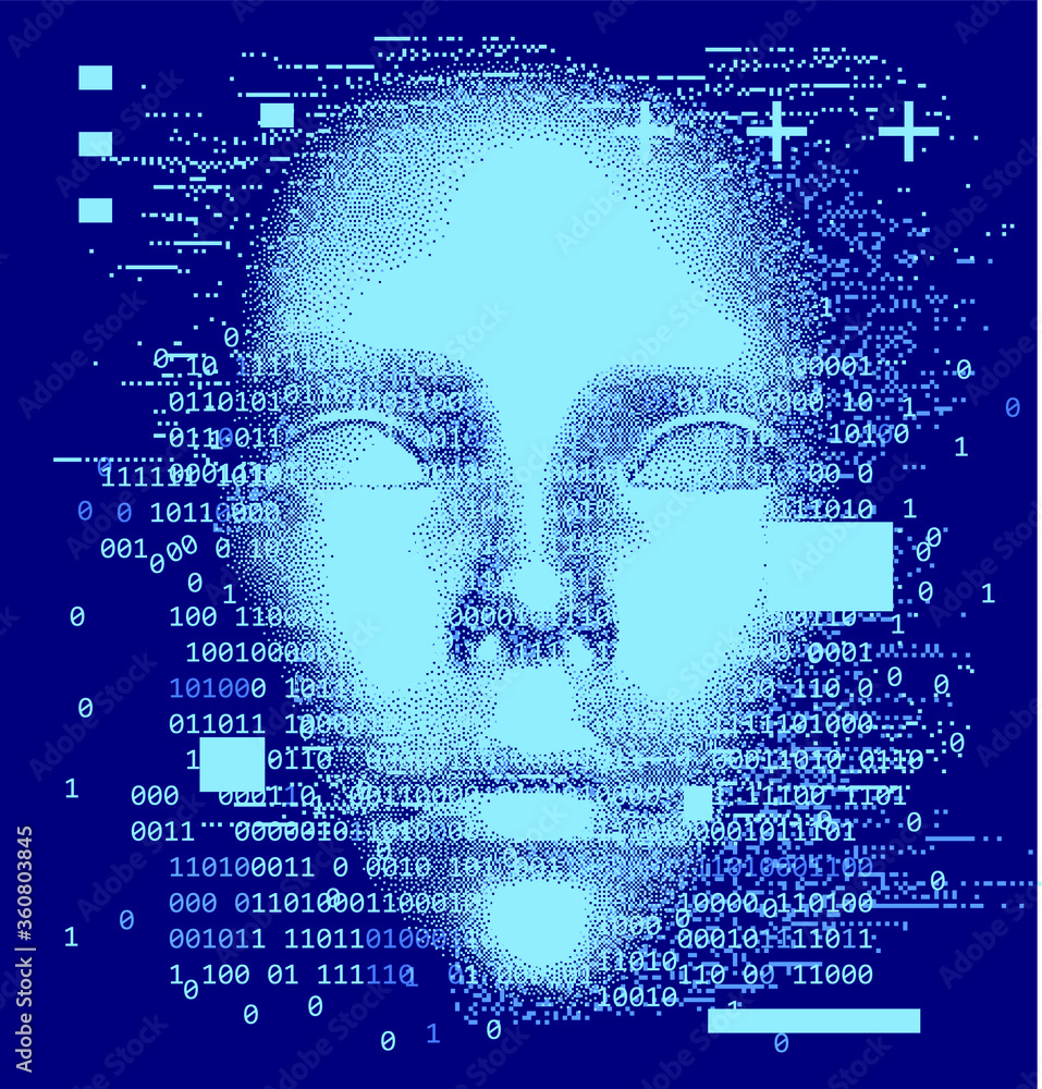 Aufkleber Abstract technology background with binary code and 3d face mask. Conceptual illustration of Artificial intelligence.