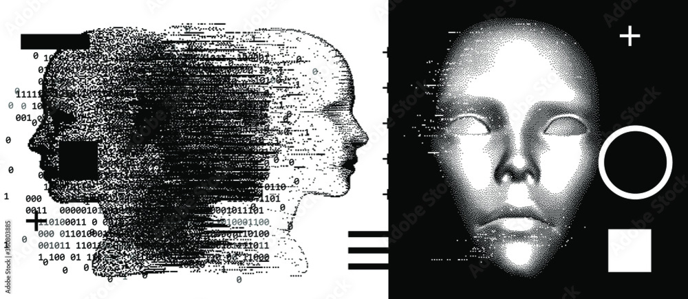 Poster Silhouette of a human made in pixel art style. Conceptual image of AI (artificial intelligence), VR (virtual reality), Deep Learning  and Face recognition systems.