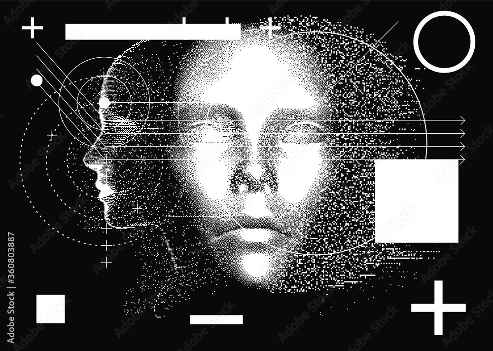 Aufkleber Silhouette of a human made in pixel art style. Conceptual image of AI (artificial intelligence), VR (virtual reality), Deep Learning  and Face recognition systems.