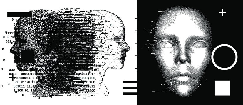 Silhouette of a human made in pixel art style. Conceptual image of AI (artificial intelligence), VR (virtual reality), Deep Learning  and Face recognition systems.