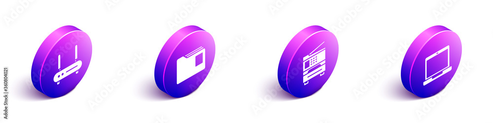 Poster set isometric router and wi-fi signal, document folder, printer and laptop icon. vector