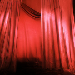 3d room with red curtains