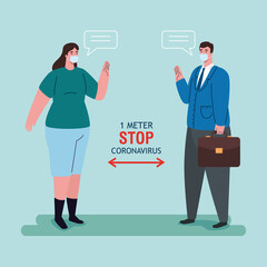 social distancing, stop coronavirus one meter distance, keep distance in public society to people protect from covid 19, couple wearing medical mask against coronavirus vector illustration design