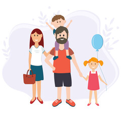 family of four, parents, boy and girl, color vector illustration in flat style, design, decoration, banner