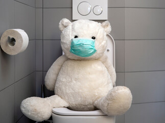 teddy bear on toalet - obrazy, fototapety, plakaty
