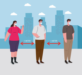 social distancing, keep distance in public society to people protect from covid 19, people wearing medical mask against coronavirus in cityscape vector illustration design
