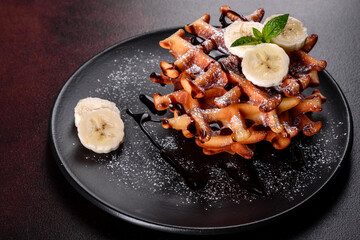 Delicious fresh baked belgian waffles with berries and fruit