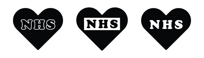 NHS Word Text Lettering in Heart Love Shape. United Kingdom UK National Health Service Healthcare. Black Icon Illustration Isolated on a White Background. EPS Vector 