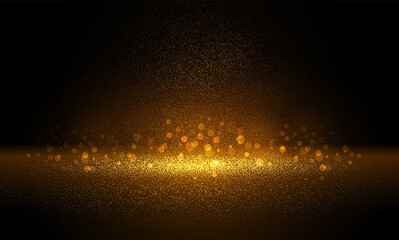 Luxury Gold glitter particles on black background. Golden glowing lights magic effects. Glow sparkles, vector illustration.