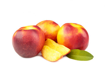 Many nectarines with slices isolated on white background, cut out