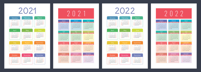Calendar 2021 and 2022. English color vector set. Vertical wall or pocket calender template. Design collection. New year. Week starts on Sunday