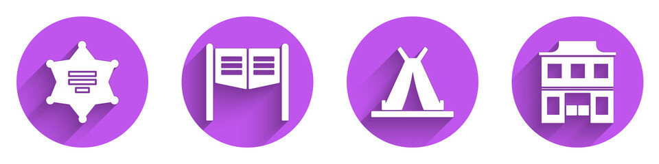 Set Hexagram sheriff, Saloon door, Indian teepee or wigwam and Wild west saloon icon with long shadow. Vector © Vadim