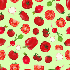 Red vegetables hand drawn in realistic style light green background. Raster seamless print of vegetables (tomato, pepper, radishes and their slices)