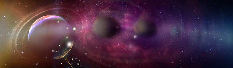 Fototapeta na wymiar Extrasolar gas planet with moons on background nebula. Panorama of a distant planet system from space. Elements of this image furnished by NASA