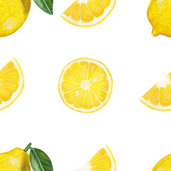 Sliced lemon and whole lemon   hand drawn and isolated on white background - seamless print. Raster lemon illustration in realistic style with gouache paints.