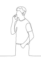 A man is standing talking on the phone. Vector illustration of one continuous line drawing of a man talking phone