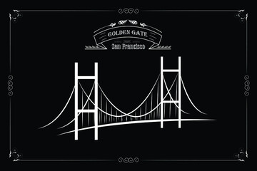 San Francisco Golden Gate Bridge on a black background. Vector illustration. Postcard.