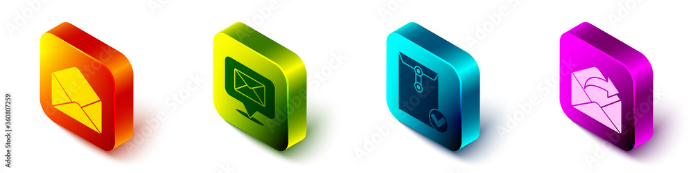 Aufkleber set isometric envelope, speech bubble with envelope, envelope and check mark and outgoing mail icon.