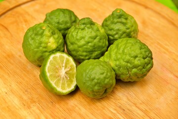 Thai food ingredient and Herb.. Fresh Kaffir lime or leech lime or Mauritius Papeda or Thai call Luk Makrud. 