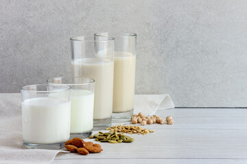 Different vegan non dairy milk from nuts, seeds, cereals and legumes