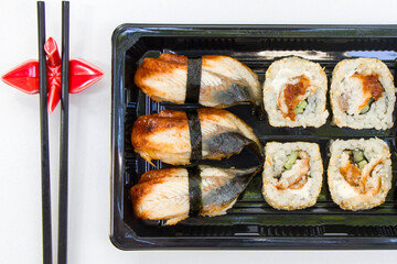 Sushi set on the table. Seafood close-up and macro