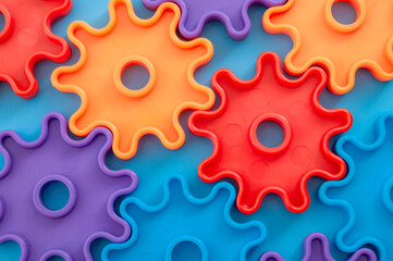 Teamwork and solidarity concept with photograph of connected colorful plastic toy gears with each gear a different color isolated on blue background