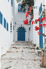 White-blue houses in the style of a Greek village with bright flowering plants. A staircase leads to a blue door.
