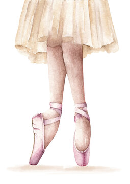 Ballerina in pointes watercolor drawing on paper.