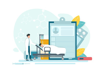 Intensive Therapy. Vector Illustration Of Doctor Taking Care Of Patient After Surgery