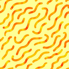 Watercolor orange stripes on yellow background. Seamless pattern. Watercolor stock illustration. Sweet jelly  worms. Diagonal stripes. Design for backgrounds, wallpapers, covers, textile, packaging.