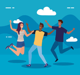 happy characters, young men with woman , friendship excitement, cheerful laughing from happiness vector illustration design