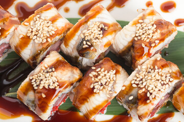 Original sushi roll fusion with various fillings.