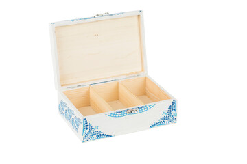 Handmade wooden box painted with blue ornament.