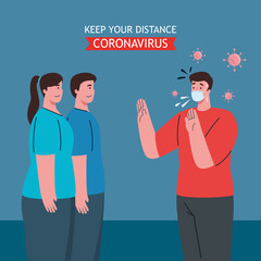 Fototapeta na wymiar social distancing, keep distance in public society to people protect from covid 19, people wearing medical mask against coronavirus vector illustration design