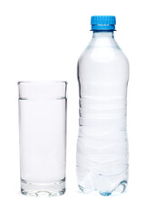 Plastic bottle of drinking water and glass isolated on white background with clipping path