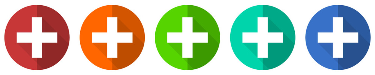 Obraz premium Plus icon set, cross, red, blue, green and orange flat design web buttons isolated on white background, vector illustration