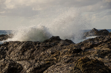 Waves breaking on the Benijo beach, in the Anaga Rural Park, in Santa Cruz de Tenerife. Canary Islands. Spain