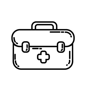 First aid kit box flat line icon. Medicine chest with white cross camping or hiking healthcare element vector stock isolated image on white background. Glyph pictogram for web, mobile, infographics