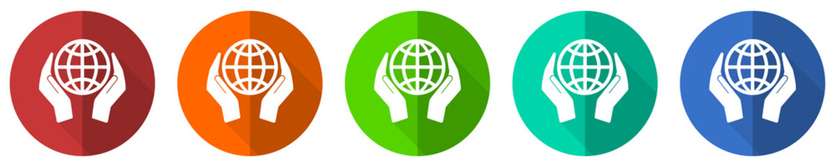 Hand care planet environment icon set, red, blue, green and orange flat design web buttons isolated on white background, vector illustration