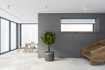 Panoramic grey dining room with stairs