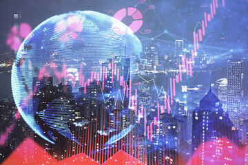 Double exposure of business theme hologram drawing and city veiw background. Concept of success.