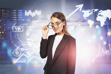 Woman in glasses in office, business interface