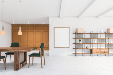 White and brown dining room with poster