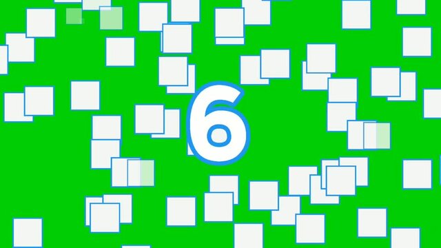 countdown animation cartoon number 10 to 1 with drop down square box on green background