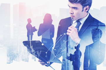 CEO with clipboard and team, network interface