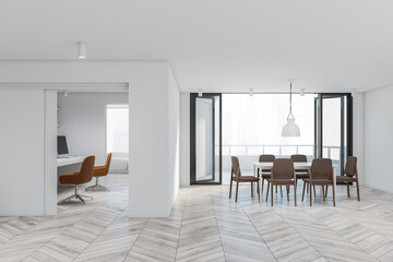 White dining room and home office interior