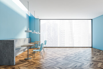 Blue panoramic coffee shop with bench
